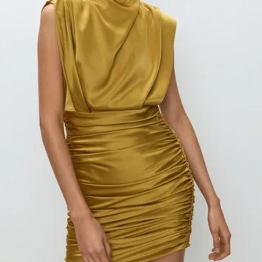 Aritzia BABATON Ruched Mock Neck Mini Dress - Gold